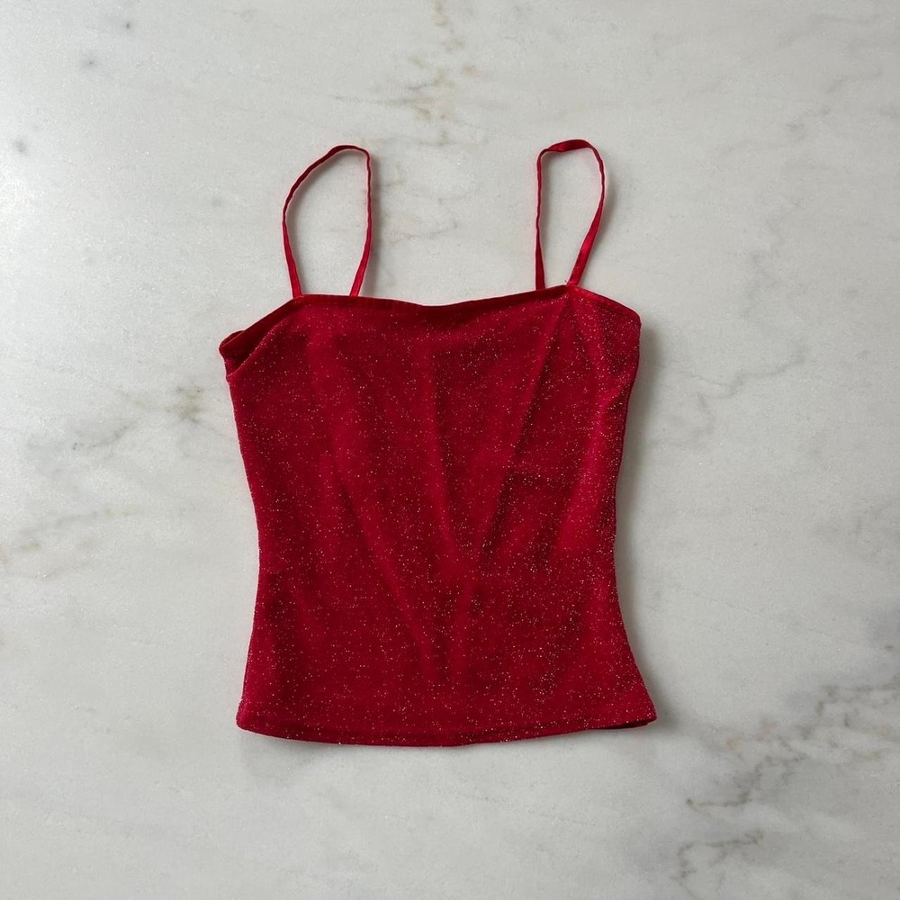 Formula X Y2K Red Sparkly Tank Top Glitter Spaghetti Strap Camisole Medium